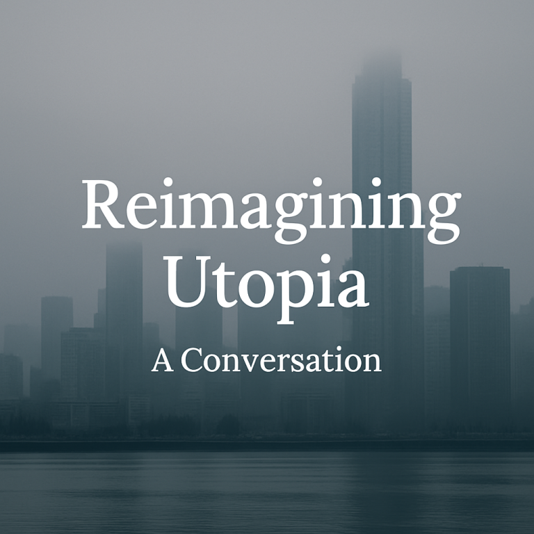 A modern city skyline shrouded in fog simulating modern dystopia.