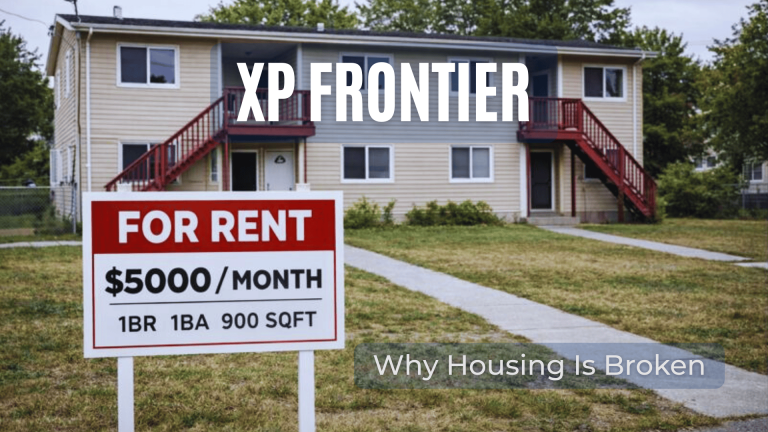 Modest apartment building with a for-rent sign listing $5,000 per month for a one-bedroom, one-bath, 900-square-foot unit.